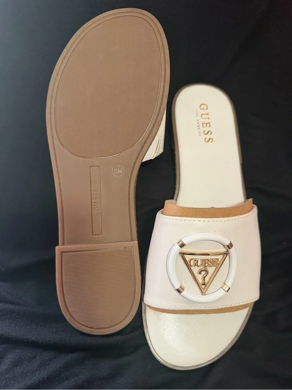 NWOT GUESS Women’s white Slide Sandals with Gold Logo